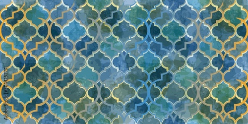 Moroccan Seamless Pattern. Turkish Mosque Window Shape. Arabic Mosaic Watercolor Ornament Background. Eid Mubarak Muslim Decoration. Ramadan Kareem Islamic Illustration