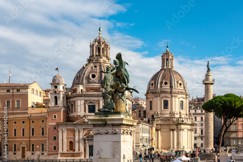 The view on dome of the Santa Maria di Loreto church and dome of the Church of the Most Holy Name of Mary at the Trajan Forum. Landmark in the city of Rome, Lazio, Italy, Europe