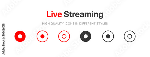 Live streaming icon set. Set of live stream icons. Set of video broadcasting icon.. Button, red symbols for TV, news, movies, shows. Online stream icons.