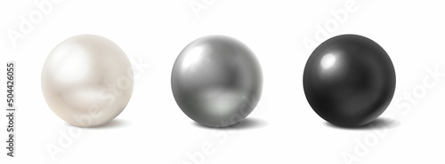 3d realistic vector icon set of pearls. White, grey and black. Isolated on white background.