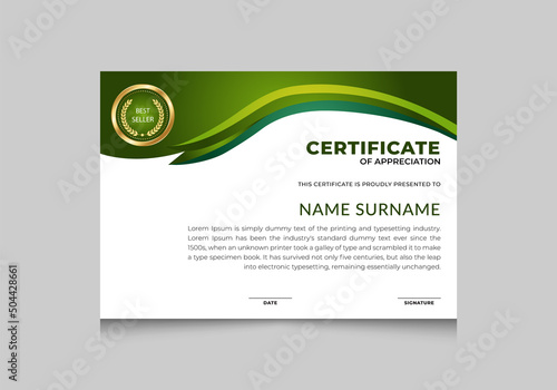 Gold and green certificate of appreciation award template with curve shapes. Vector template