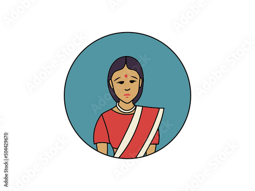 Sad Indian girl in a sari on a blue background.