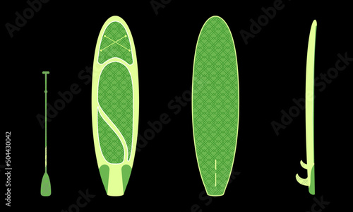 Sup Board Template Stand Up Paddle Mockup Paddleboarding Design Vector Illustration Isolated on Black Background