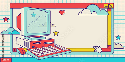 Retro computer banner with copy space, fun nostalgia desktop interface. Horizontal Back to 90's banner with desktop elements and quote space for text.