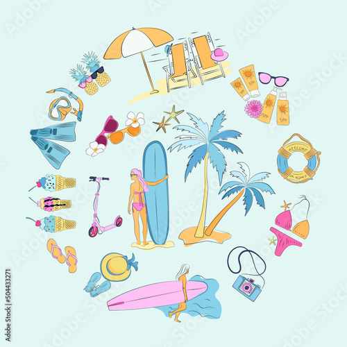 Set of cute summer icons, hand drawn doodle elements - tropical flowers, palms, surfboarder,beach stuff and others. Perfect for web, card, poster, cover, tag, invitation, stickers set. Vector 