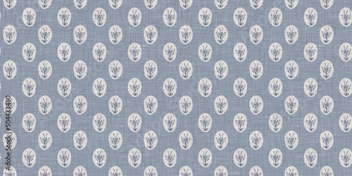 French blue botanical leaf linen seamless border with 2 tone country cottage style motif. Simple vintage rustic fabric textile effect. Primitive modern shabby chic kitchen cloth design.