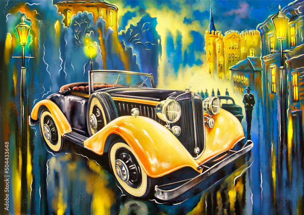 Completely fictional old car in the street. Paintings landscape, fine art - obrazy, fototapety, plakaty 