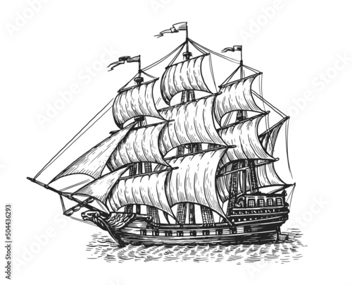 Ship with sails sails on waves. Hand drawn sailboat vintage sketch. Seafaring vector illustration