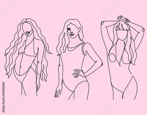 Beautiful girl in a bathing suit Line Art. Summer illustration of a girl on the beach line drawing,Minimalists logo for lingerie