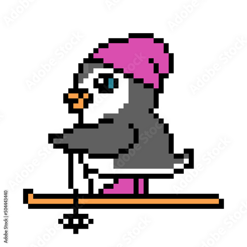 Side view penguin skiing, cute pixel art animal character isolated on white background. Old school retro 80's, 90's 8 bit slot machine, computer, video game graphics. Cartoon winter sport mascot.