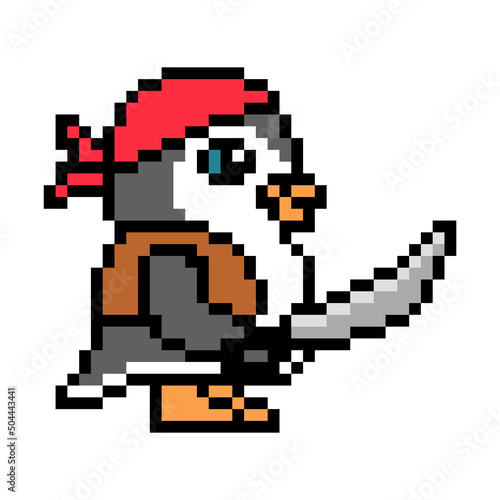 Pirate penguin in a bandana and vest with a saber, pixel art animal character on white background. Old school retro 80's, 90's 8 bit slot machine, video game graphics. Cartoon filibuster with a sword.