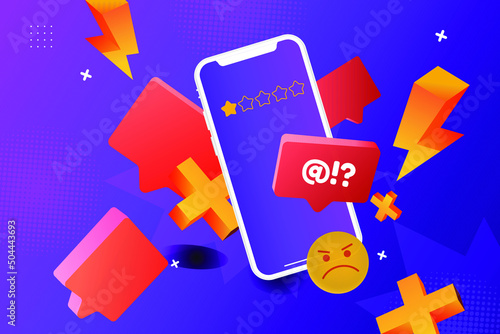 Bad review concept design. Online negative user feedback. 
Customer experience ranking. Dislike, complaint, bad rate. Web comment. Angry client testimonial. Social survey result. Vector illustration. 