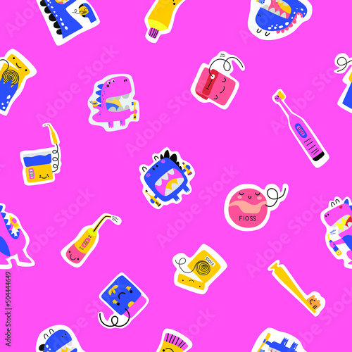 Pattern. Cute cartoon illustration in a flat style. Dinosaurs with toothpaste, dental floss, toothbrush, irrigator. Dino brush their teeth and have fun.