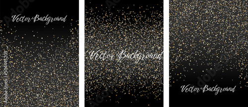 Set of vector abstract backgrounds with falling sparkle gold glitter and stars.