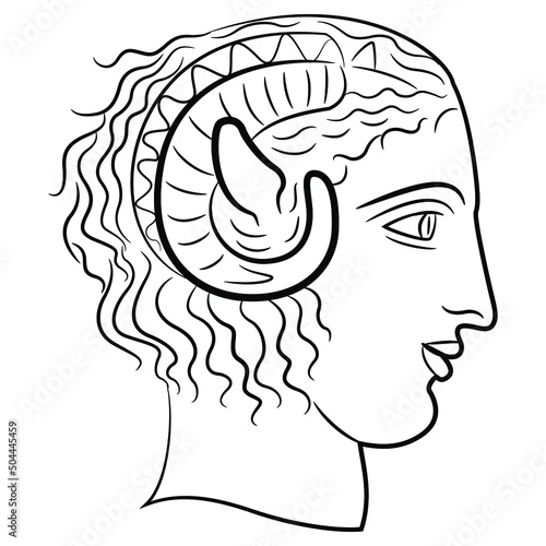 Apollo Karneios. Head of a horned antique god. Ancient Greek mythology. Black and white linear silhouette.