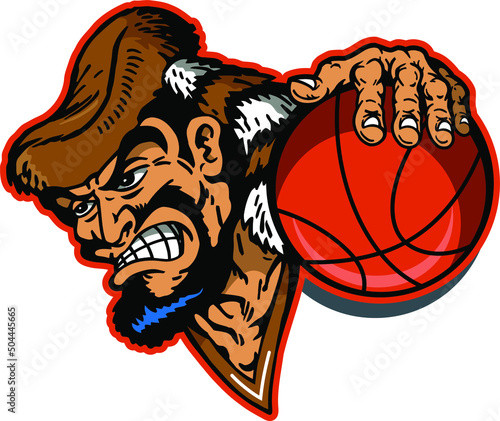 rugged pioneer mascot holding basketball for school, college or league photo
