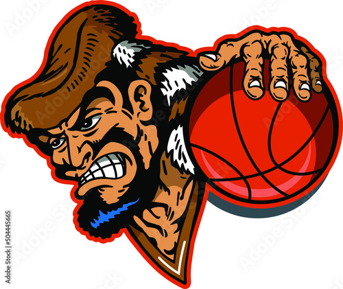 rugged pioneer mascot holding basketball for school, college or league