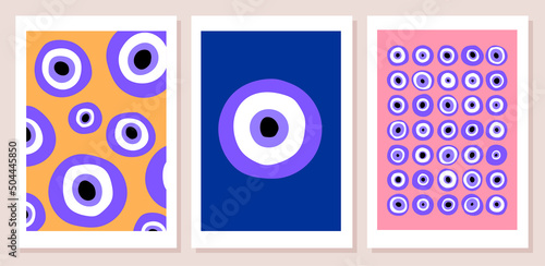 Abstract retro aesthetic backgrounds set with Turkish Evil Eye. Nazar Boncuk posters collection. Modern trendy wall art prints. Spiritual esoteric art. Funky, vintage style. photo