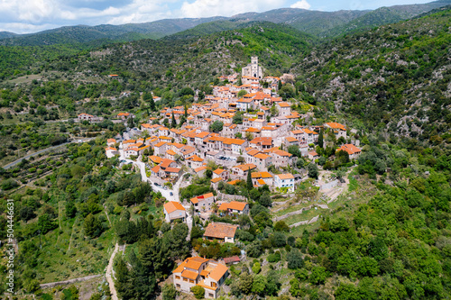 Historical Eus town, Pyrenees, France, aerial view photo