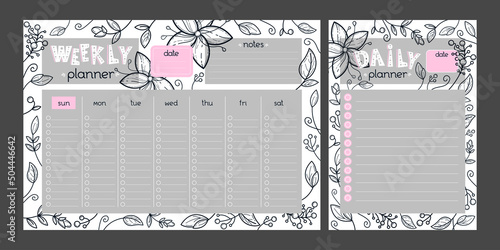 Planner set with hand drawn floral background. Vector Cartoon Weekly and Daily organizer.  Business shedule page. Coloring book elements. Plan and draw