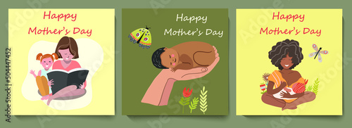 A set of three square cards of congratulations on Mother's Day, a mother reads a book to her daughter, a baby lies in her palms, a dark-skinned woman with a baby, vector illustrations.