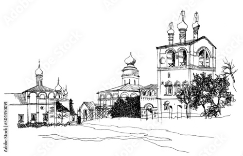 Black and white ink and pen hand drawn landscape, monastery of Saints Boris and Gleb in the city of Yaroslavl, Russia  photo