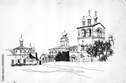 Black and white ink and pen hand drawn landscape, monastery of Saints Boris and Gleb in the city of Yaroslavl, Russia 