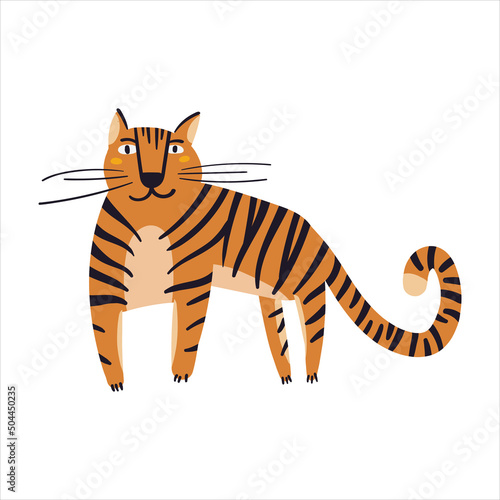 Cute little tiger vector illustration. Funny hand drawn exotic  mammal character. Happy zoo cat animal isolated on white background. Childish t shirt print design male tiger