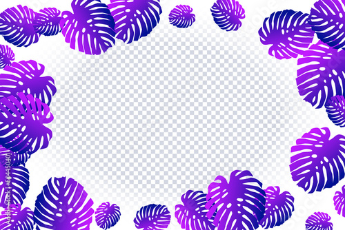 Trendy neon monstera leaves. Frame of purple pink tropical leaves on soft white transparent. Color exotic leaf, abstract nature background. Botanical vector design for any purposes.