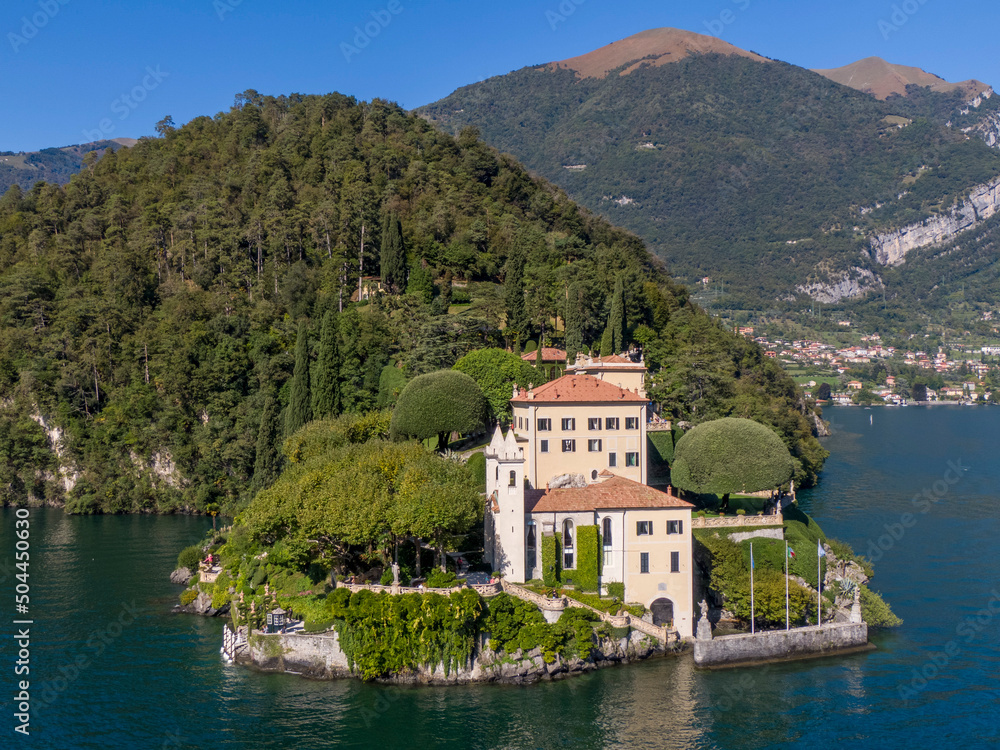 Aerial view of the Villa del Balbianello on the Lake Como