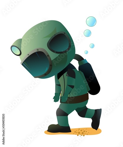 Diver in retro scuba gear goes sad. Guy in underwater suit bottom of pond. Funny cartoon style. Extreme sports. Person in lake or sea. Air bubbles. Boy man swim. Isolated on white background. Vector