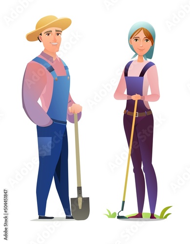 Man and woman villager farmer in overalls. Agricultural worker. Cheerful person. Standing pose. Cartoon comic style. Illustration isolated white background. Vector