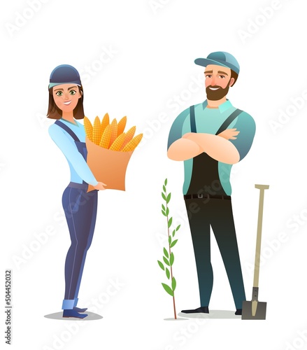 Man and woman villager farmer in overalls. Agricultural worker. Cheerful person. Standing pose. Cartoon comic style. Illustration isolated white background. Vector