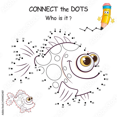 Tropical Fish. Dot to dot game. Connect all dots and you see which fish is hidden on the picture. Join the dots by numbers to draw cartoon cute Fish. Coloring Page for Kids learning counting numbers.