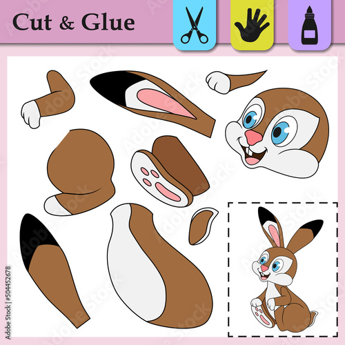 Paper game for kids. Create the applique cute Hare. Cut and glue. Forest animal. Education logic game for preschool kids. Worksheet activity perfect for scissor practice, fine motor, cutting skills.