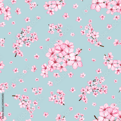 Cherry blossom flowers seamless pattern Blooming Sakura branches allover Watercolor botanical illustration
