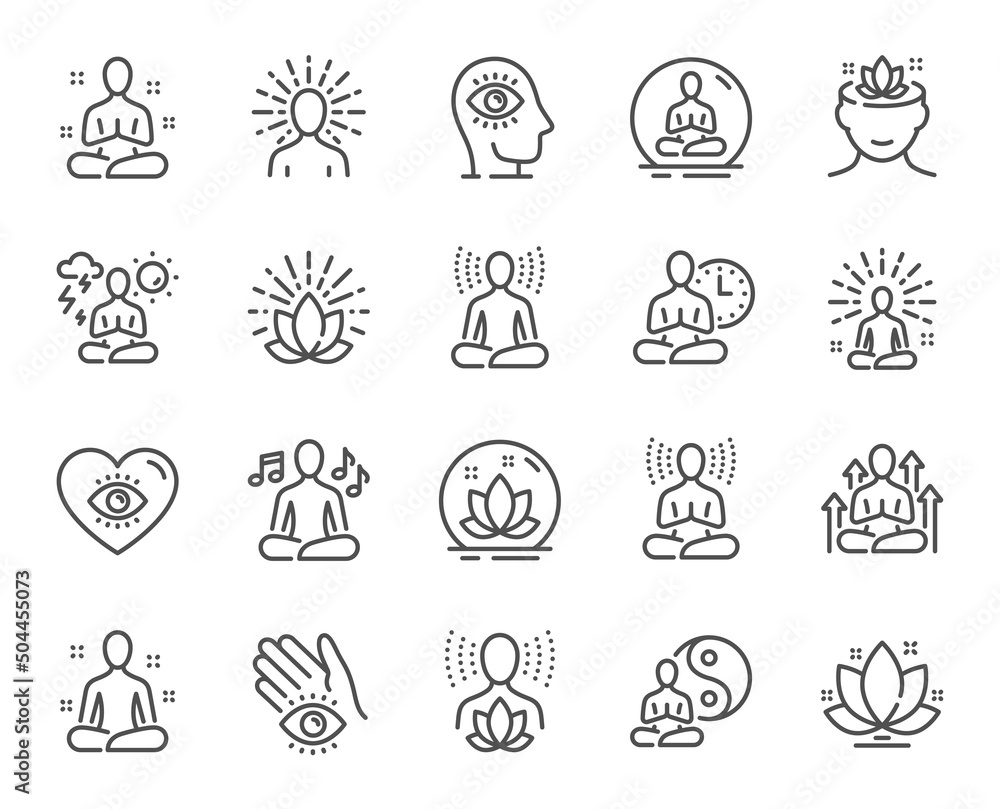 Yoga meditation line icons. Body balance, person relax and energy meditation set. Mind harmony, health meditate and self concentrate line icons. Listen relax sound, yoga mind therapy. Vector - obrazy, fototapety, plakaty 