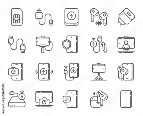Mobile accessories line icons. Sim card, selfie stick and wireless charger set. Power bank battery, bluetooth headphones and usb type-c cable line icons. Fast charger, phone accessories. Vector