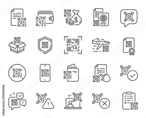 Qr code line icons. Vaccination certificate, phone qr scan and qrcode document set. Verification process, code scanning and boarding pass line icons. Valid vaccination qr passport. Vector