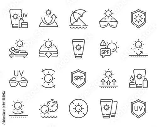 Sun protection line icons. Sunscreen, beach lounger and umbrella set. Summer sunbed, sunblock cream and uv sunglasses line icons. Spf protection, skin care lotion and beach sunscreen. Vector