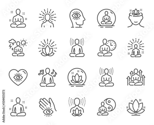 Yoga meditation line icons. Body balance, person relax and energy meditation set. Mind harmony, health meditate and self concentrate line icons. Listen relax sound, yoga mind therapy. Vector