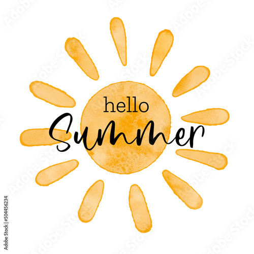 Hello Summer- Watercolor textured simple vector sun icon. Vector illustration, greeting card for june, beginning of summer, welcoming poster design.