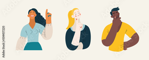 People portrait - Thinking people set-Modern flat vector concept illustration of a young people thinking about something, half-length portrait, user avatar. Creative landing web page illustartion