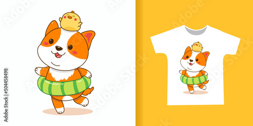 cute corgi and duck with swim ring cartoon for t-shirt.