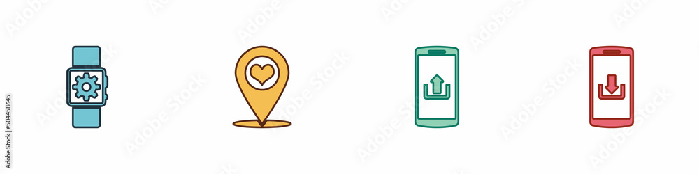 Set Smartwatch setting, Map pointer with heart, Smartphone upload and download icon. Vector Set Smartwatch setting, Map pointer with heart, Smartphone upload and download icon. Vector