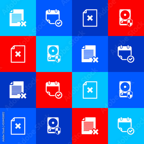 Set Delete file document, Calendar with check mark, and Hard disk drive HDD protection icon. Vector
