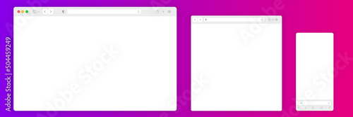 Web browser window white template. Realistic blank browser window with toolbar and shadow. Sample frame design Internet page mockup. PC, laptop, tablet and smartphone empty web page mockup.