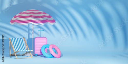 Summer blue background with palp leaf shadow. Beach chair, inflatable ring, sun umbrella, suitcase, leaves shadows. 3d illustration. photo