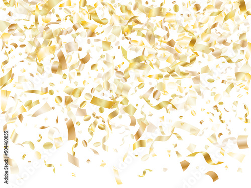 Holiday realistic gold confetti flying on black background.