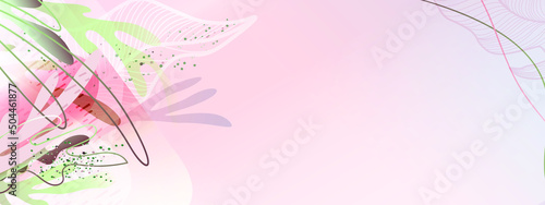 Delicate pink and olive background with space for text on the right. Calm shades with tropical leaves, lines and abstract shapes. Vector illustration for banners, wallpaper,sales, discounts, promotion